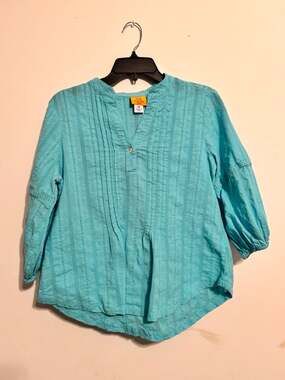 Ruby Rd. Petite PM Blue Cotton Textured V-Neck Blouse